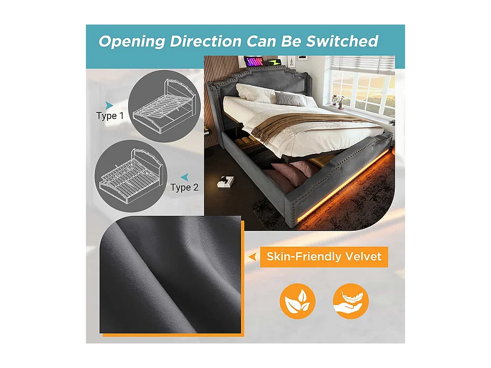 Lit coffre 140x200 lit double avec éclairage LED et port USB-C lit adolescent sanc matelas revêtement velours gris