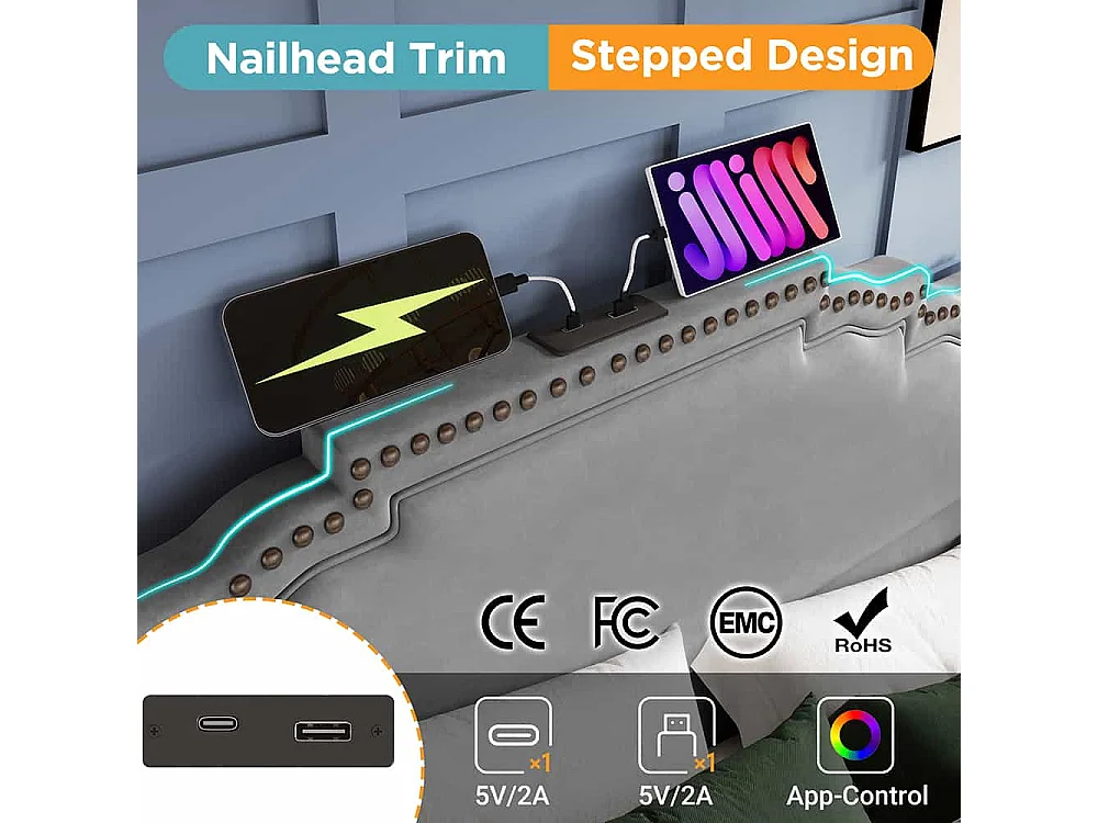 Lit coffre 140x200 lit double avec éclairage LED et port USB-C lit adolescent sanc matelas revêtement velours gris