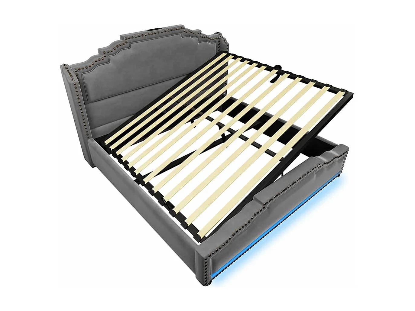 Lit coffre 140x200 lit double avec éclairage LED et port USB-C lit adolescent sanc matelas revêtement velours gris