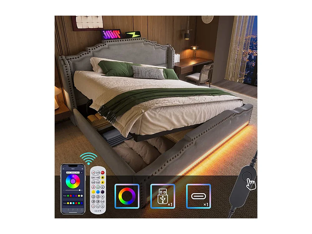 Lit coffre 140x200 lit double avec éclairage LED et port USB-C lit adolescent sanc matelas revêtement velours gris
