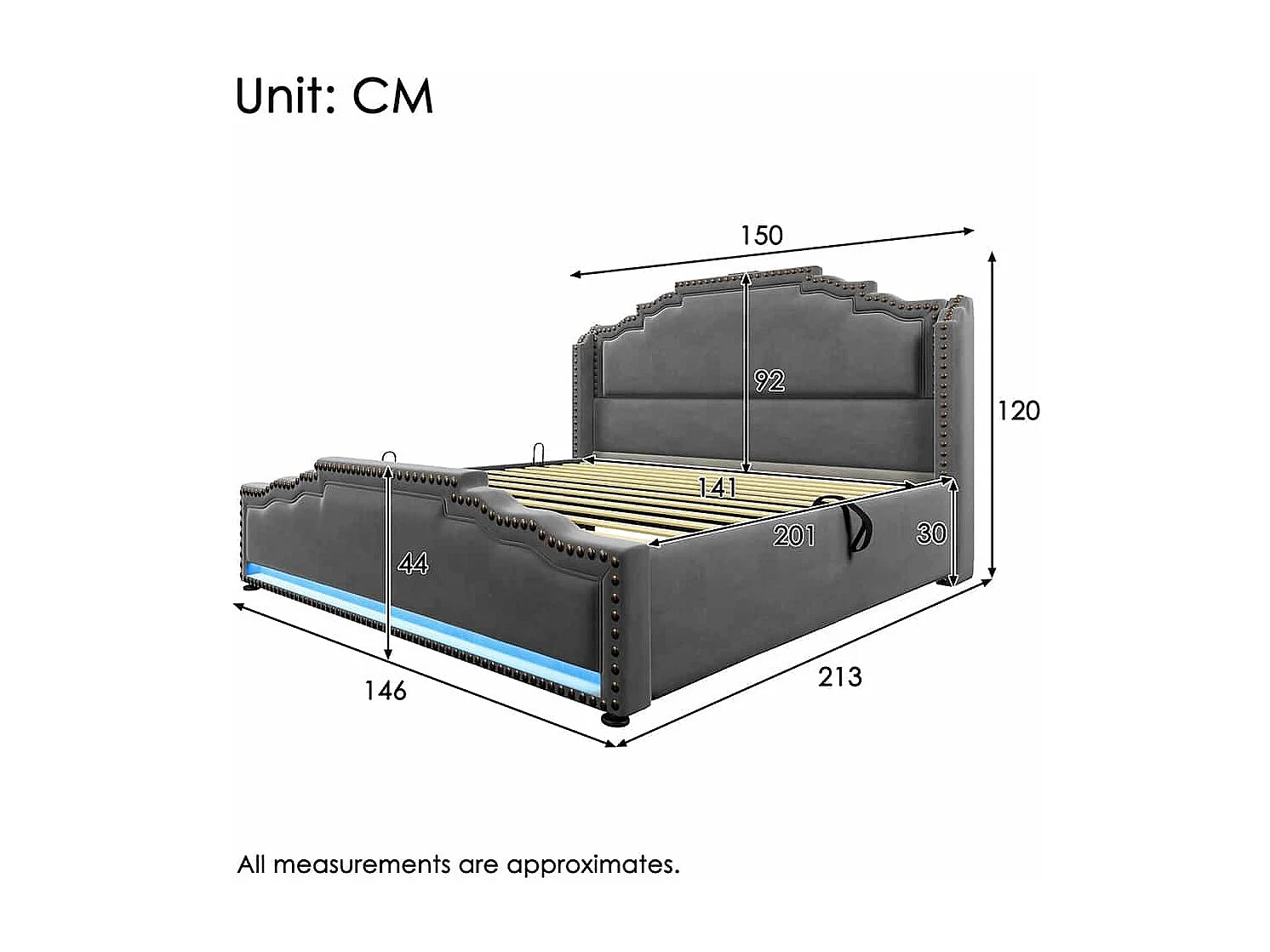 Lit coffre 140x200 lit double avec éclairage LED et port USB-C lit adolescent sanc matelas revêtement velours gris