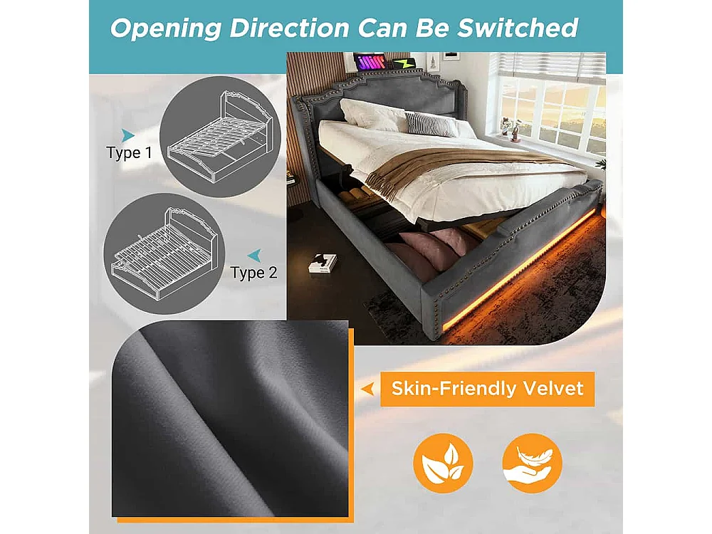 Lit coffre 140x200 lit double avec éclairage LED et port USB-C lit adolescent sanc matelas revêtement velours gris