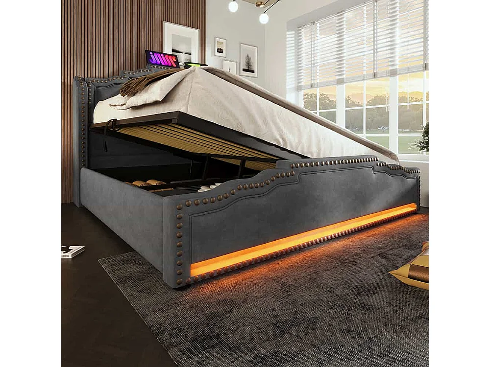 Opbergbed 160x200 tweepersoonsbed met ledverlichting en USB-C-poort tienerbed met matras met grijze fluwelen bekleding