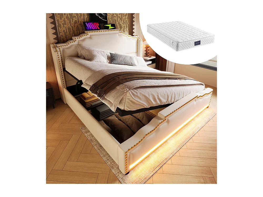 Lit coffre 140x200 lit double avec éclairage LED et port USB-C lit adolescent avec matelas revêtement velours beige