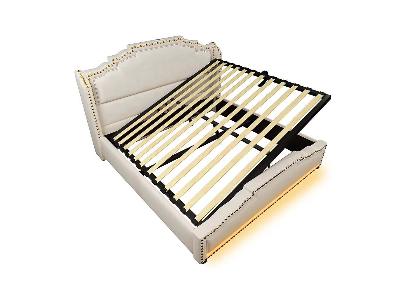 Lit coffre 140x200 lit double avec éclairage LED et port USB-C lit adolescent avec matelas revêtement velours beige