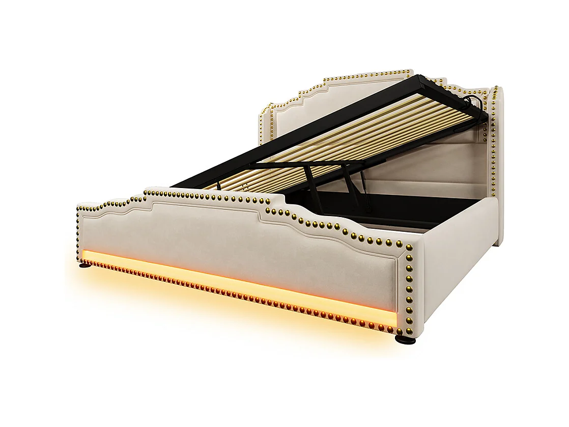 Lit coffre 140x200 lit double avec éclairage LED et port USB-C lit adolescent avec matelas revêtement velours beige