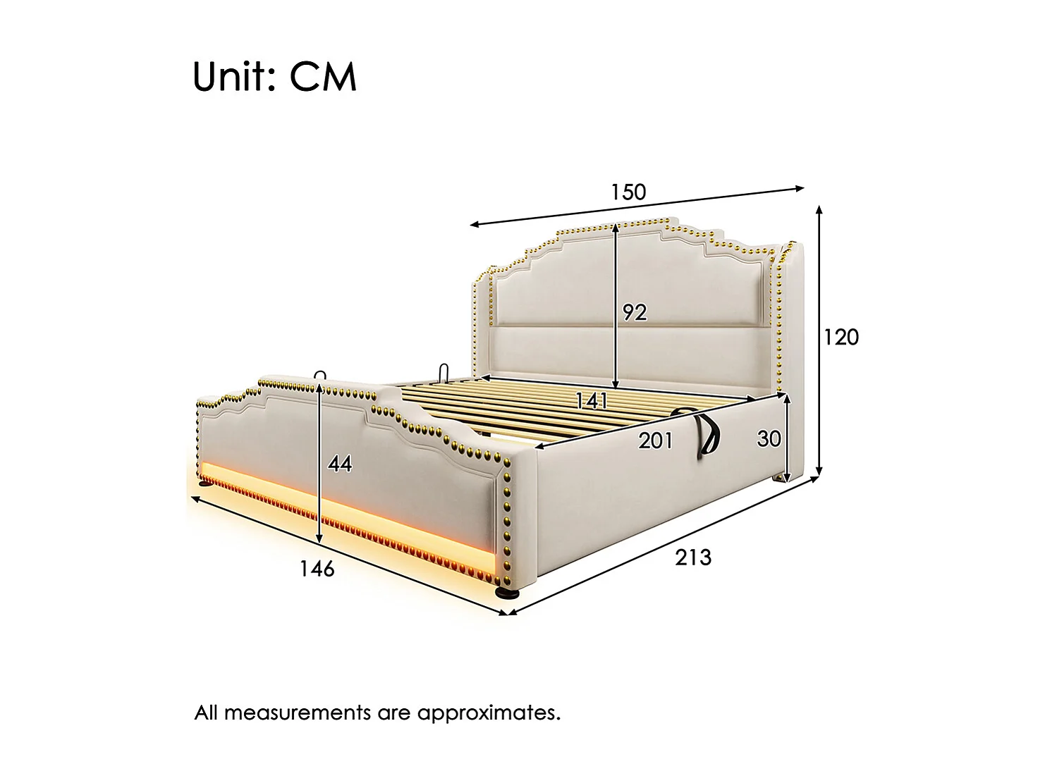 Opbergbed 140x200 tweepersoonsbed met ledverlichting en USB-C-poort tienerbed met matras met beige fluwelen bekleding