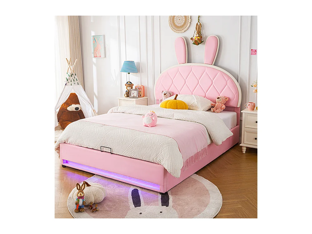 Opbergbed 140x200 tweepersoonsbed met verstelbaar hoofdeinde in de vorm van een konijn met opbergvak, bekleed met roze fluweel