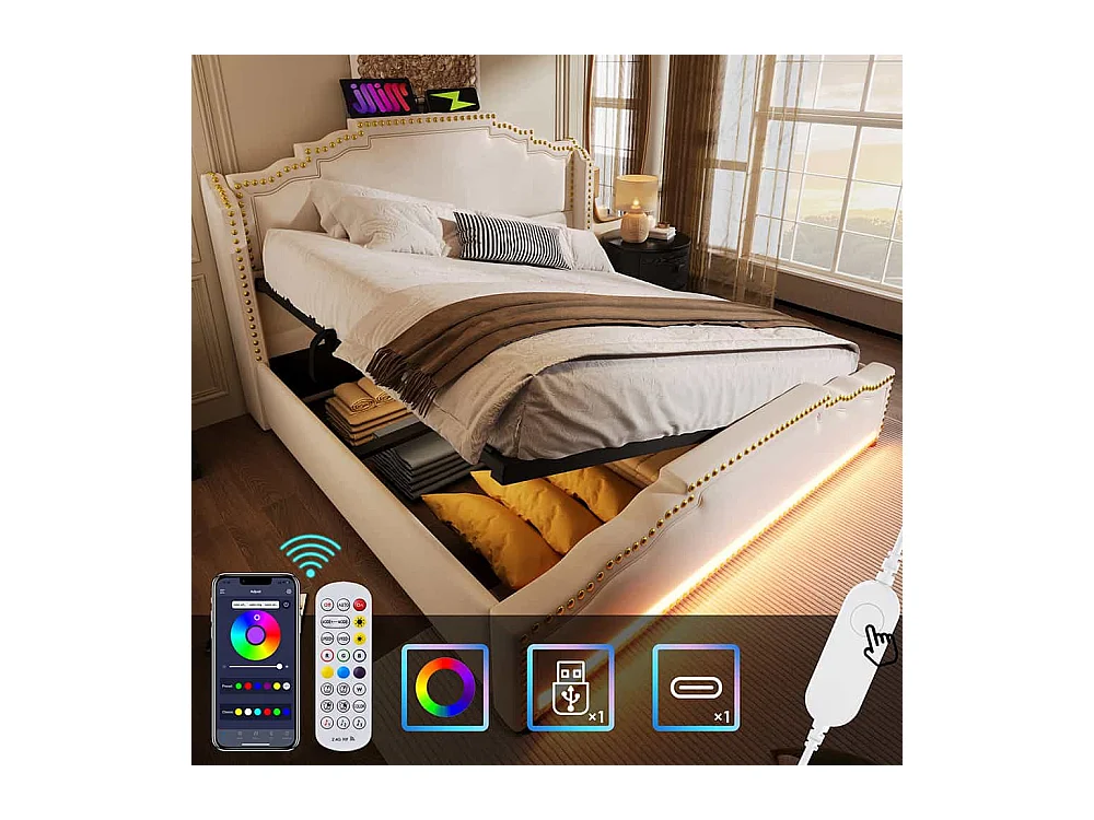 Lit coffre 160x200 lit double avec éclairage LED et port USB-C lit adolescent sanc matelas revêtement velours beige