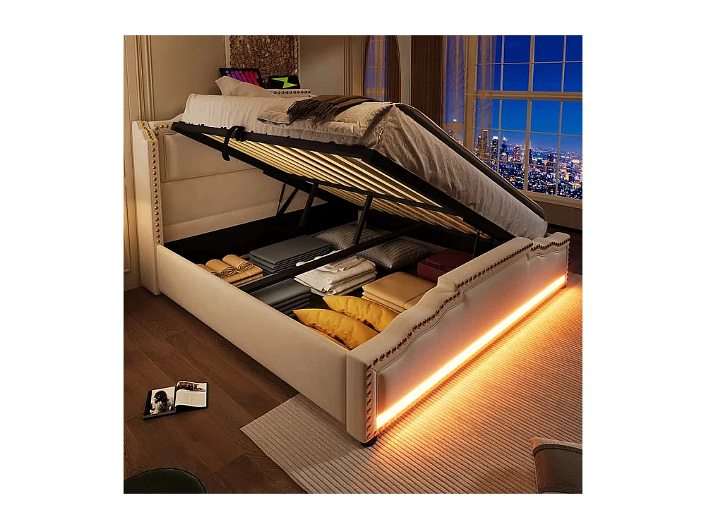 Lit coffre 160x200 lit double avec éclairage LED et port USB-C lit adolescent sanc matelas revêtement velours beige