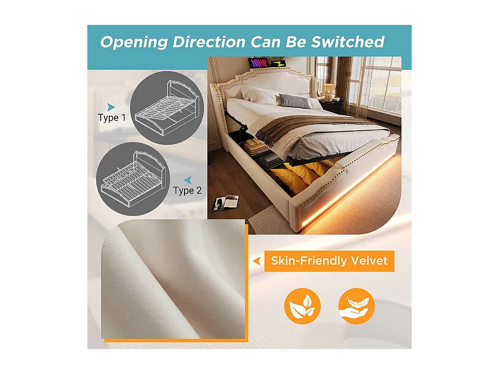 Lit coffre 160x200 lit double avec éclairage LED et port USB-C lit adolescent sanc matelas revêtement velours beige