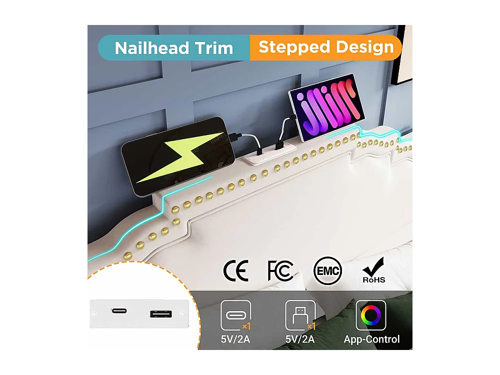 Lit coffre 160x200 lit double avec éclairage LED et port USB-C lit adolescent sanc matelas revêtement velours beige