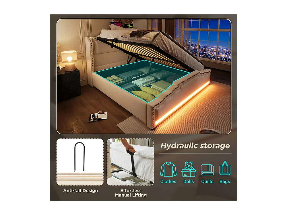 Lit coffre 160x200 lit double avec éclairage LED et port USB-C lit adolescent sanc matelas revêtement velours beige