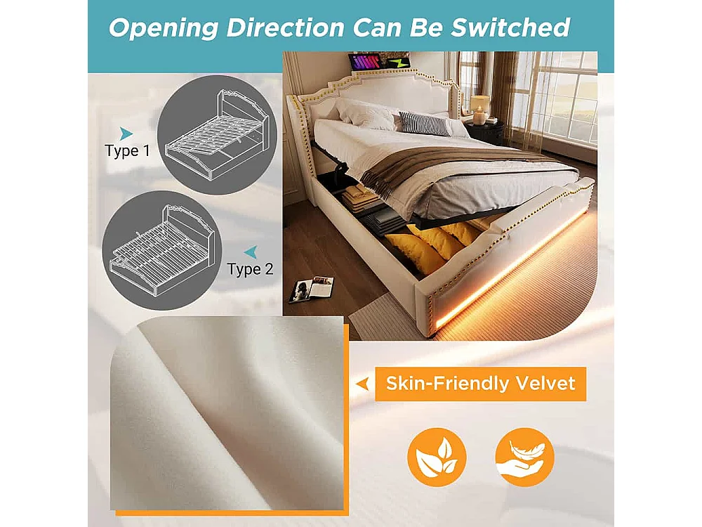 Opbergbed 160x200 tweepersoonsbed met ledverlichting en USB-C-poort tienerbed zonder matras met beige fluwelen bekleding