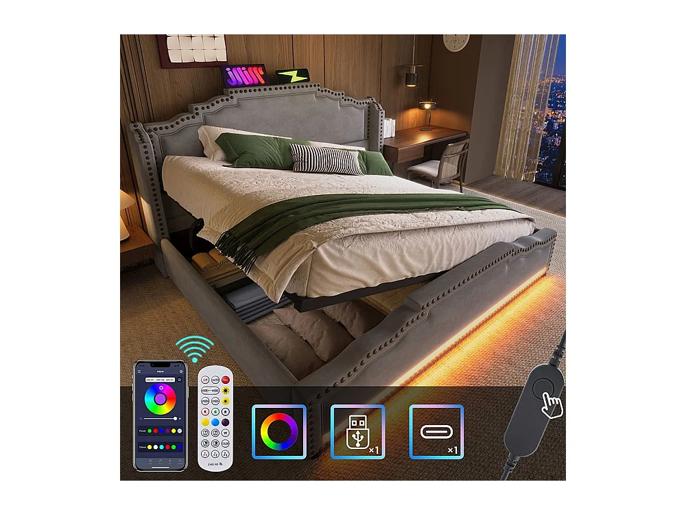 Lit coffre 160x200 lit double avec éclairage LED et port USB-C lit adolescent sanc matelas revêtement velours gris