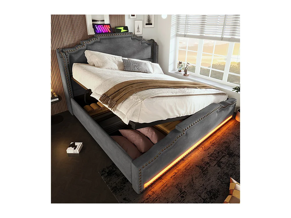 Lit coffre 160x200 lit double avec éclairage LED et port USB-C lit adolescent sanc matelas revêtement velours gris