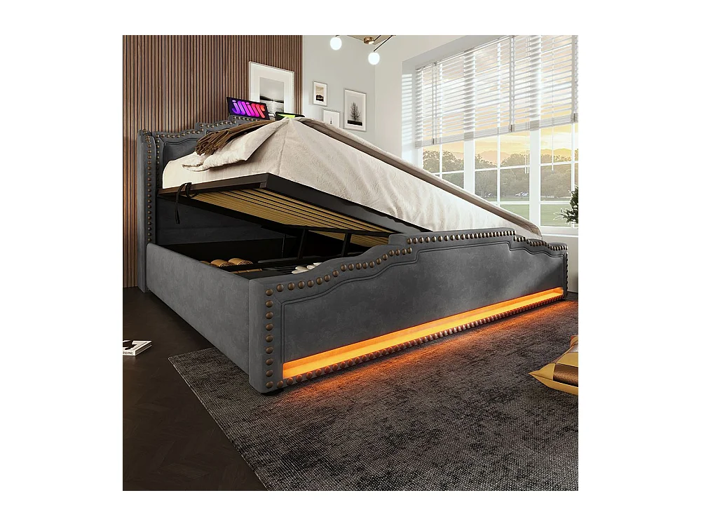 Lit coffre 160x200 lit double avec éclairage LED et port USB-C lit adolescent sanc matelas revêtement velours gris