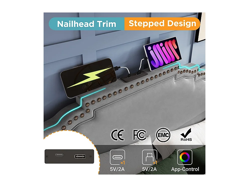 Lit coffre 160x200 lit double avec éclairage LED et port USB-C lit adolescent sanc matelas revêtement velours gris