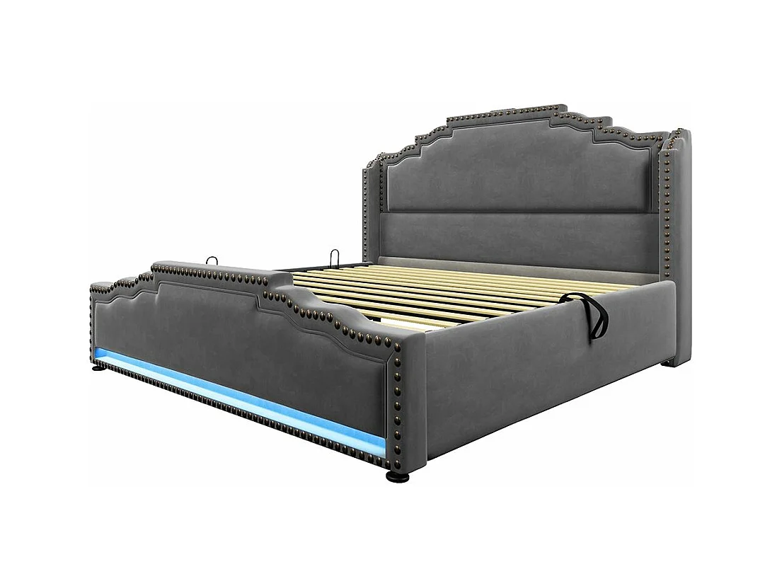 Lit coffre 160x200 lit double avec éclairage LED et port USB-C lit adolescent sanc matelas revêtement velours gris