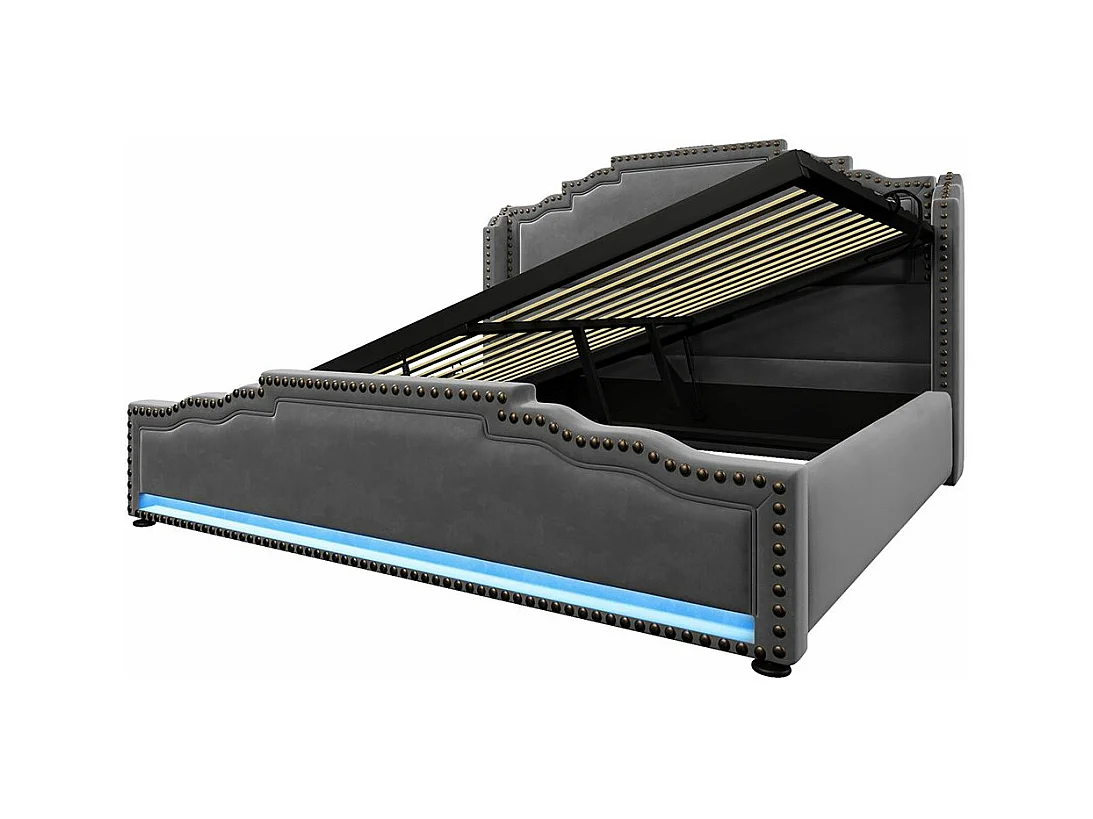 Lit coffre 160x200 lit double avec éclairage LED et port USB-C lit adolescent sanc matelas revêtement velours gris
