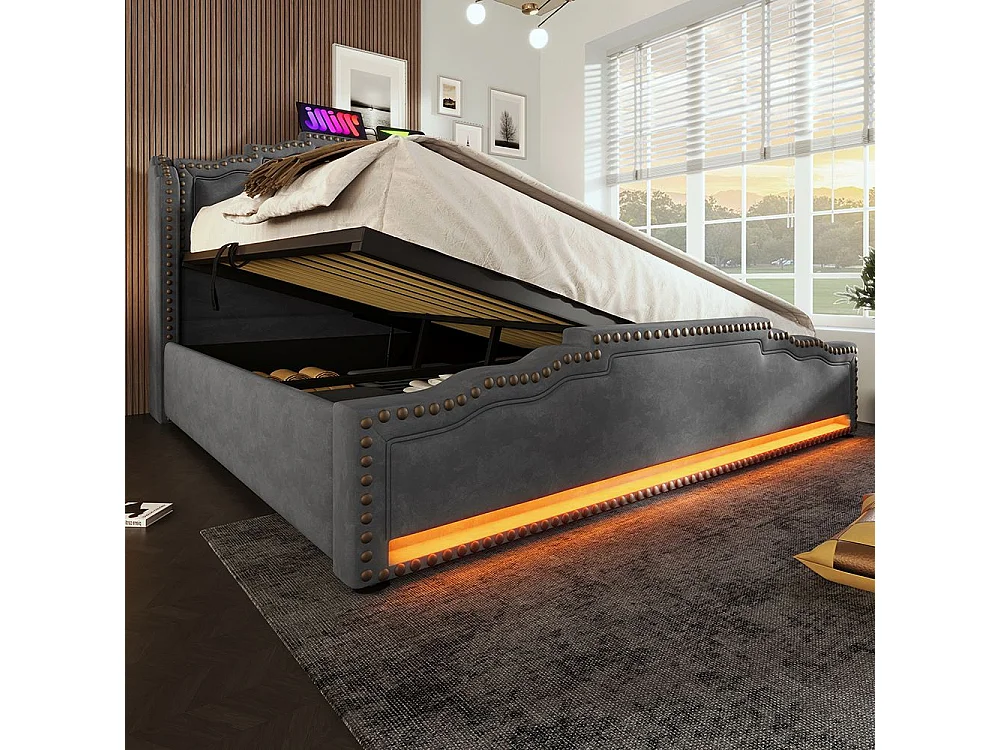 Lit coffre 160x200 lit double avec éclairage LED et port USB-C lit adolescent sanc matelas revêtement velours gris