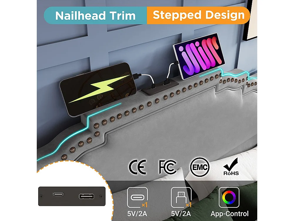 Lit coffre 160x200 lit double avec éclairage LED et port USB-C lit adolescent sanc matelas revêtement velours gris