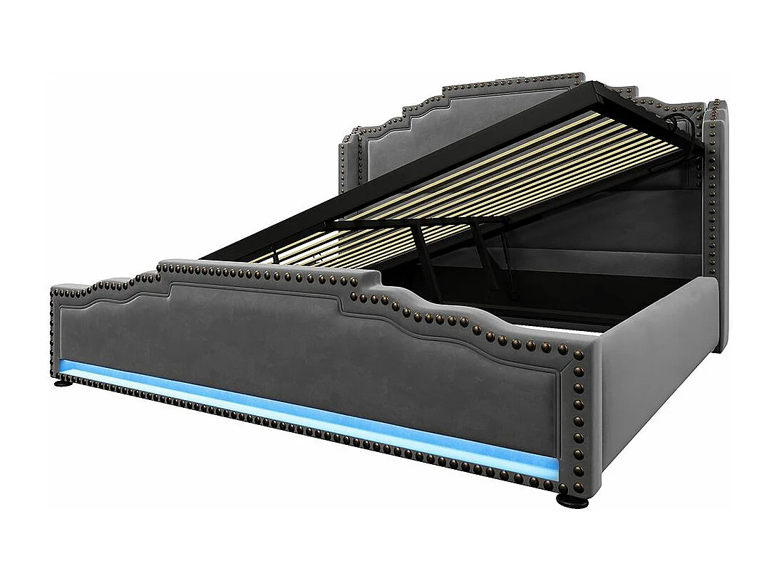 Lit coffre 160x200 lit double avec éclairage LED et port USB-C lit adolescent sanc matelas revêtement velours gris