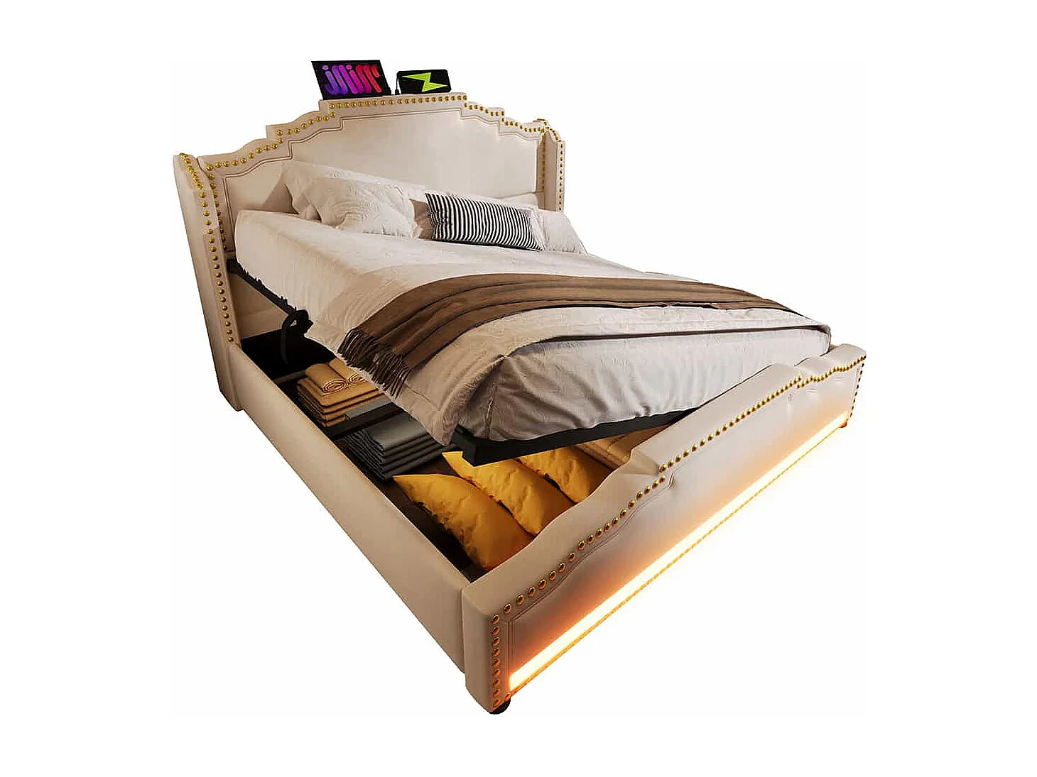 Opbergbed 160x200 tweepersoonsbed met ledverlichting en USB-C-poort tienerbed met matras in beige fluweel