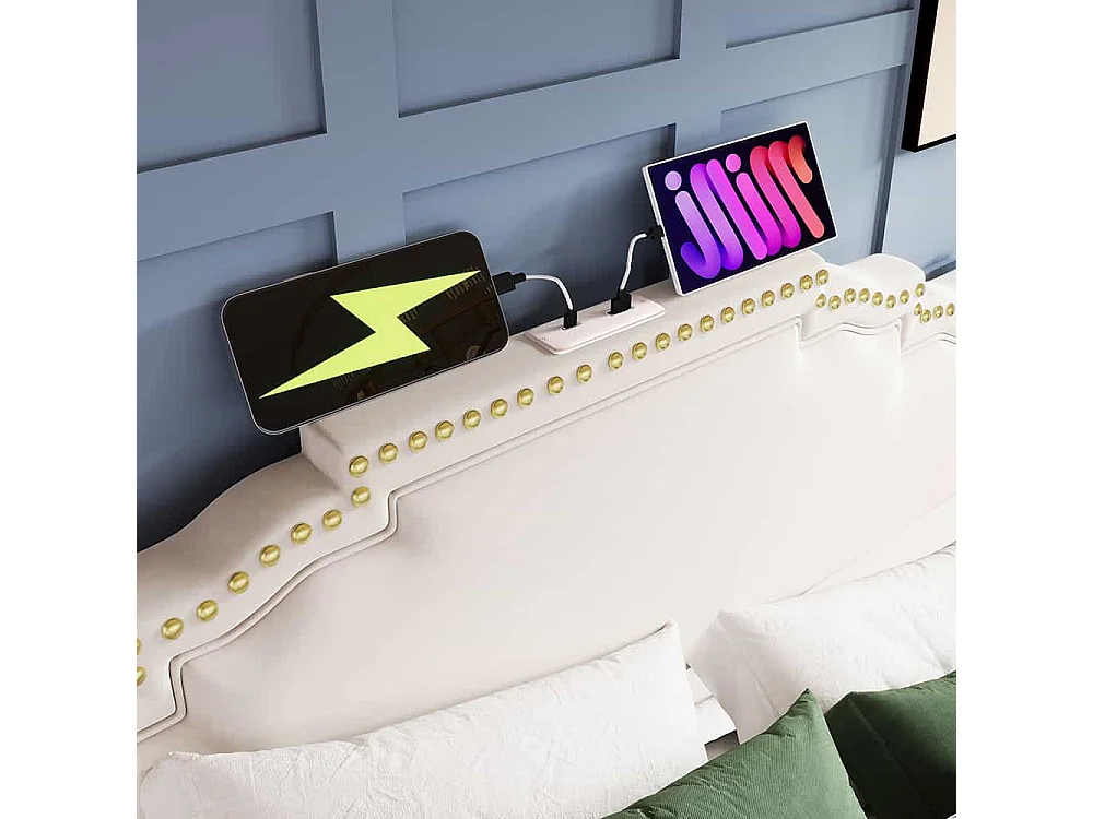 Opbergbed 160x200 tweepersoonsbed met ledverlichting en USB-C-poort tienerbed met matras in beige fluweel