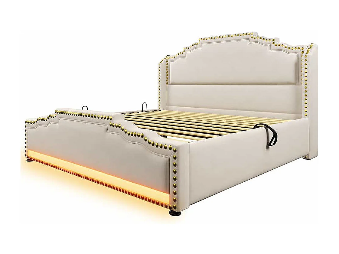 Opbergbed 160x200 tweepersoonsbed met ledverlichting en USB-C-poort tienerbed met matras in beige fluweel