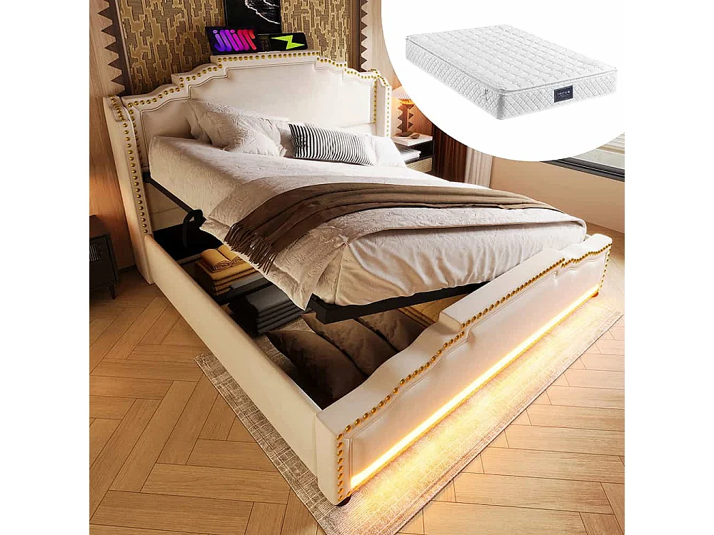 Opbergbed 160x200 tweepersoonsbed met ledverlichting en USB-C-poort tienerbed met matras in beige fluweel