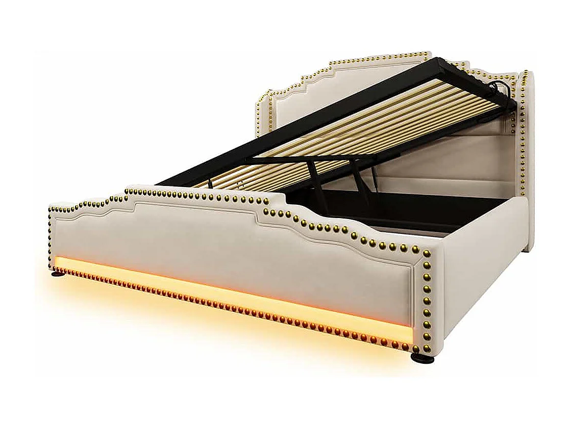 Opbergbed 160x200 tweepersoonsbed met ledverlichting en USB-C-poort tienerbed met matras in beige fluweel