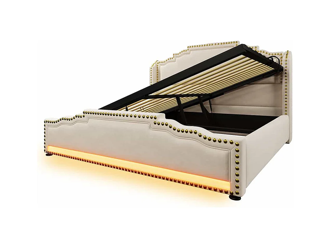 Opbergbed 140x200 tweepersoonsbed met ledverlichting en USB-C-poort tienerbed zonder matras met beige fluwelen bekleding
