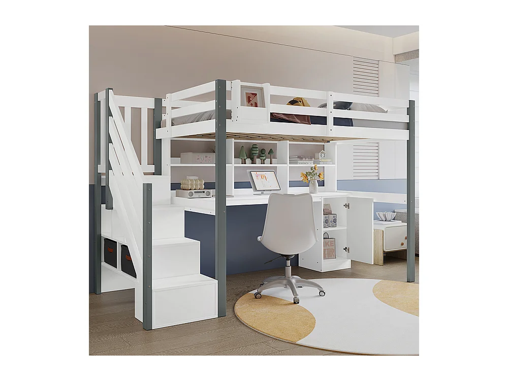 Lit mezzanine 90x200 avec grand espace de rangement échelle latérale étagère ouverte lit ado avec bureau et casiers en pin et MDF blanc et gris