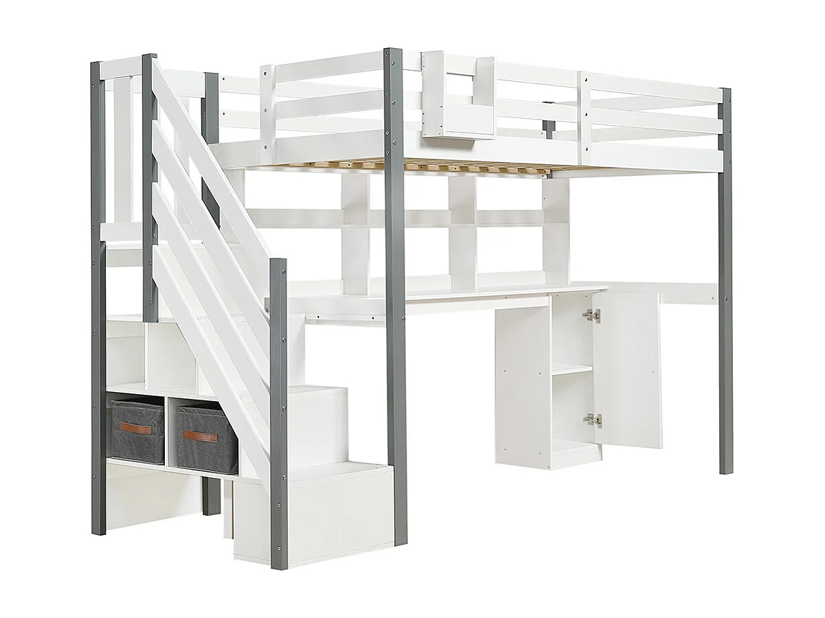 Hoogslaper 90x200 met grote opbergruimte, zijladder, open plank, tienerbed met bureau en opbergvakken van grenenhout en wit en grijs MDF