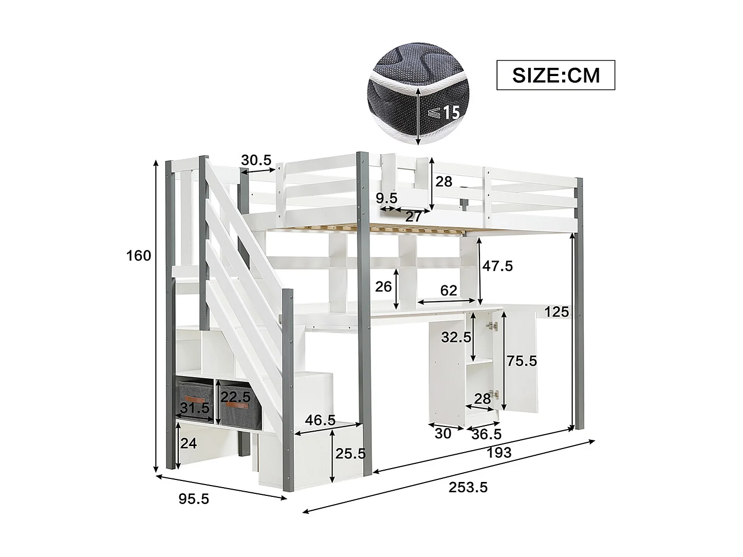 Hoogslaper 90x200 met grote opbergruimte, zijladder, open plank, tienerbed met bureau en opbergvakken van grenenhout en wit en grijs MDF