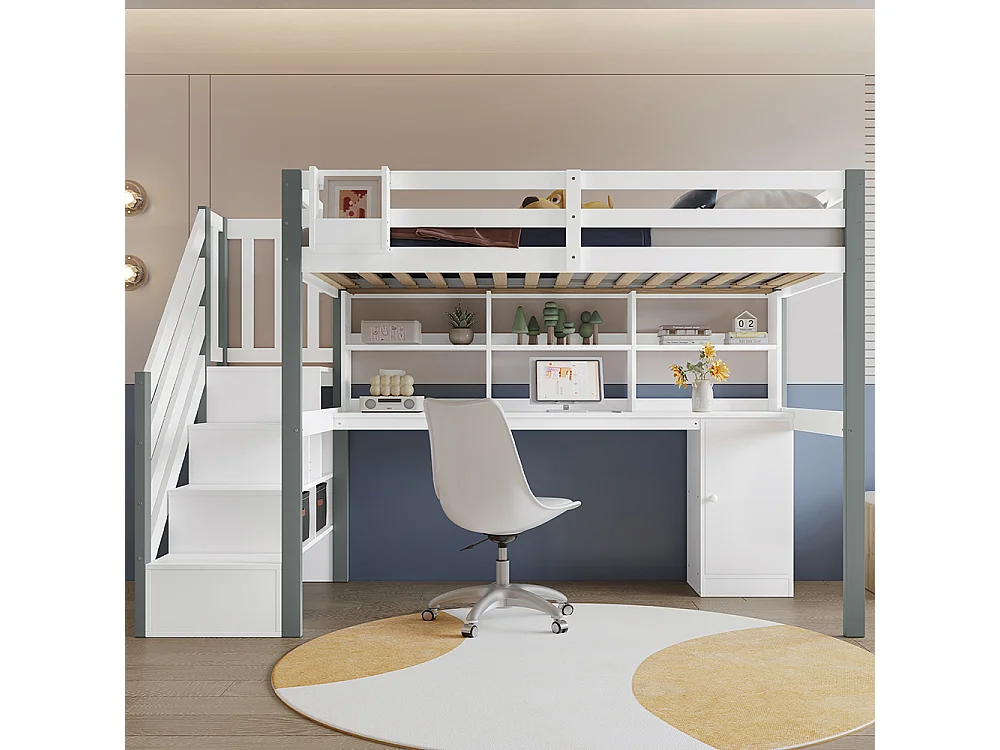 Hoogslaper 90x200 met grote opbergruimte, zijladder, open plank, tienerbed met bureau en opbergvakken van grenenhout en wit en grijs MDF