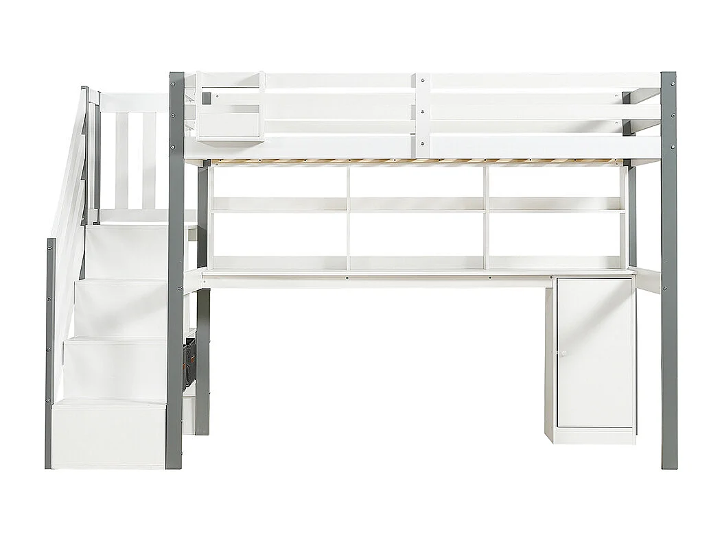 Hoogslaper 90x200 met grote opbergruimte, zijladder, open plank, tienerbed met bureau en opbergvakken van grenenhout en wit en grijs MDF