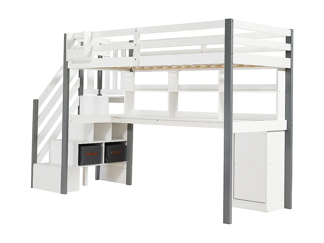 Hoogslaper 90x200 met grote opbergruimte, zijladder, open plank, tienerbed met bureau en opbergvakken van grenenhout en wit en grijs MDF