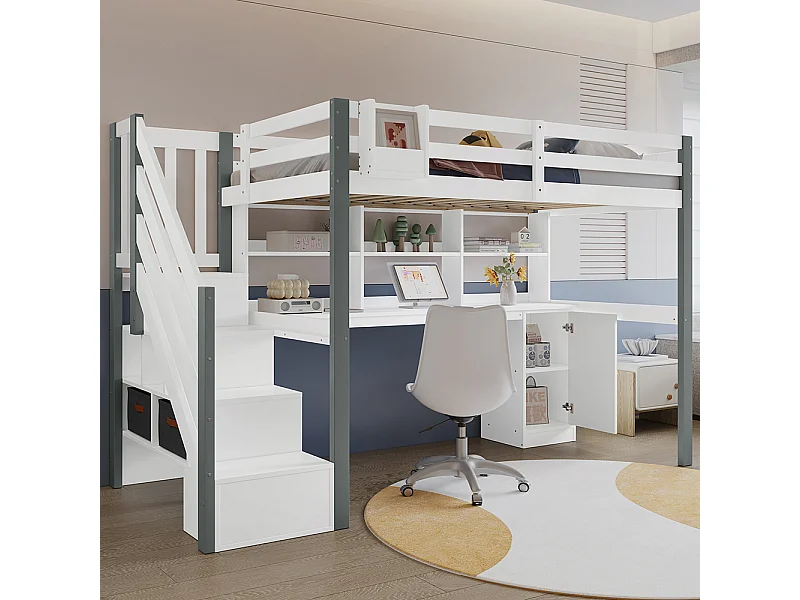 Hoogslaper 90x200 met grote opbergruimte, zijladder, open plank, tienerbed met bureau en opbergvakken van grenenhout en wit en grijs MDF