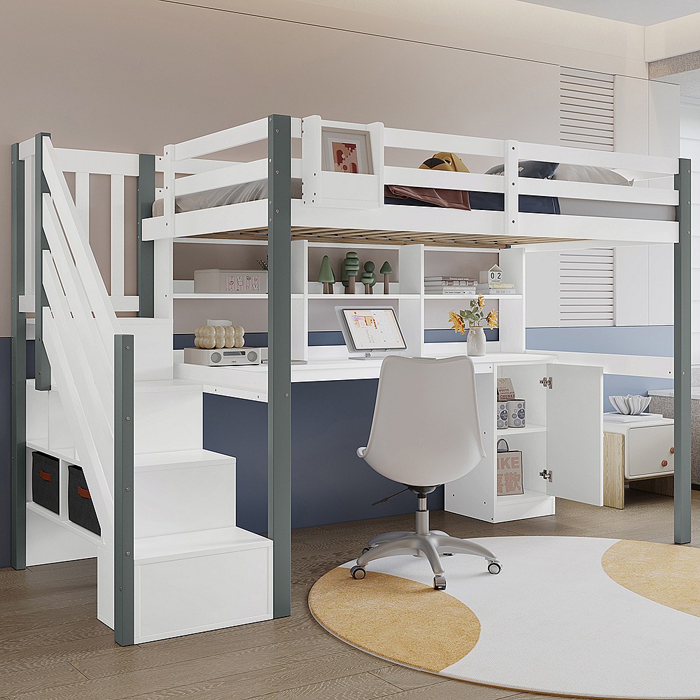 Lit Mezzanine Enfant 90x200 Avec Bureau Et Armoire - Blanc, Espace De Rangement Intégré, Barrière De Sécurité