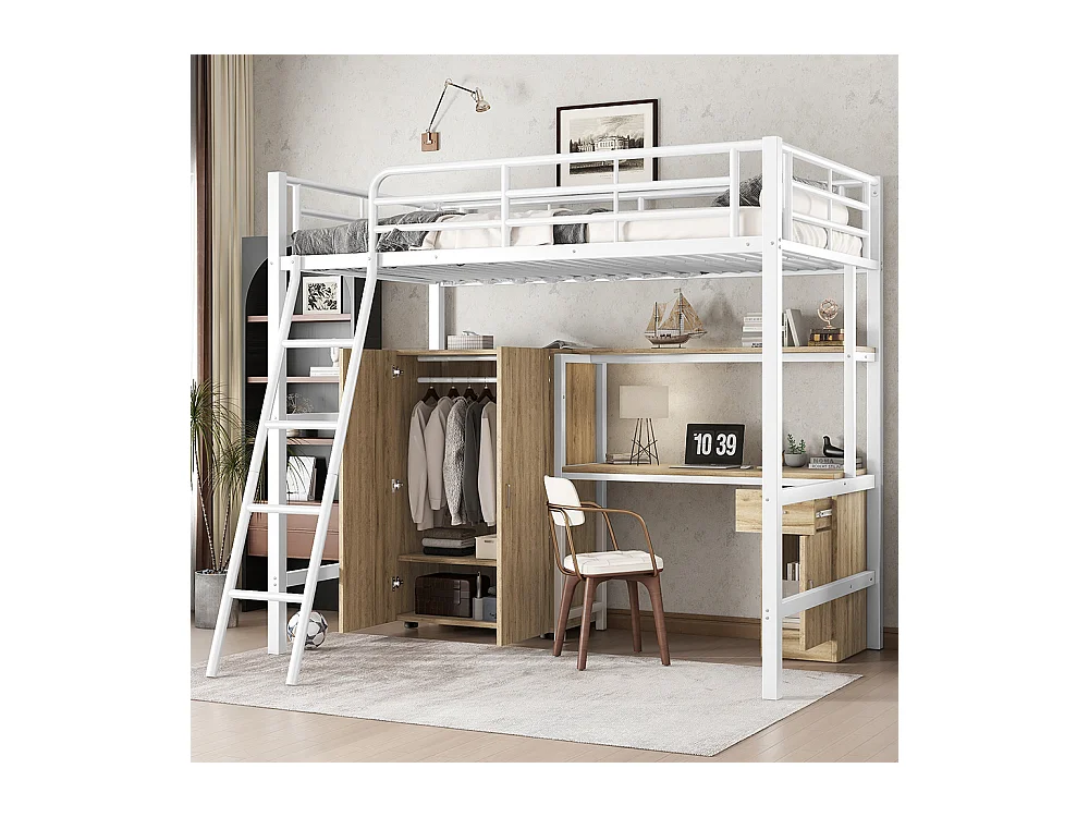 Hoogslaper 90x200 met bureau en kledingkast, veel opbergruimte, met schuine ladder met 4 treden van metaal en wit spaanplaat en natuurlijk hout