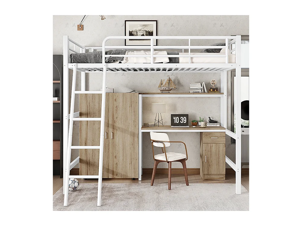 Hoogslaper 90x200 met bureau en kledingkast, veel opbergruimte, met schuine ladder met 4 treden van metaal en wit spaanplaat en natuurlijk hout