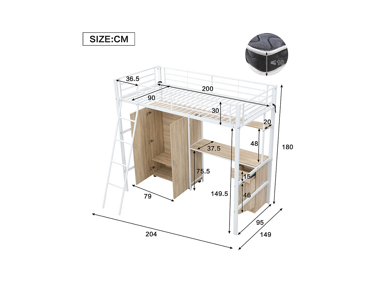 Hoogslaper 90x200 met bureau en kledingkast, veel opbergruimte, met schuine ladder met 4 treden van metaal en wit spaanplaat en natuurlijk hout