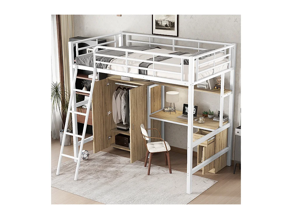 Hoogslaper 90x200 met bureau en kledingkast, veel opbergruimte, met schuine ladder met 4 treden van metaal en wit spaanplaat en natuurlijk hout