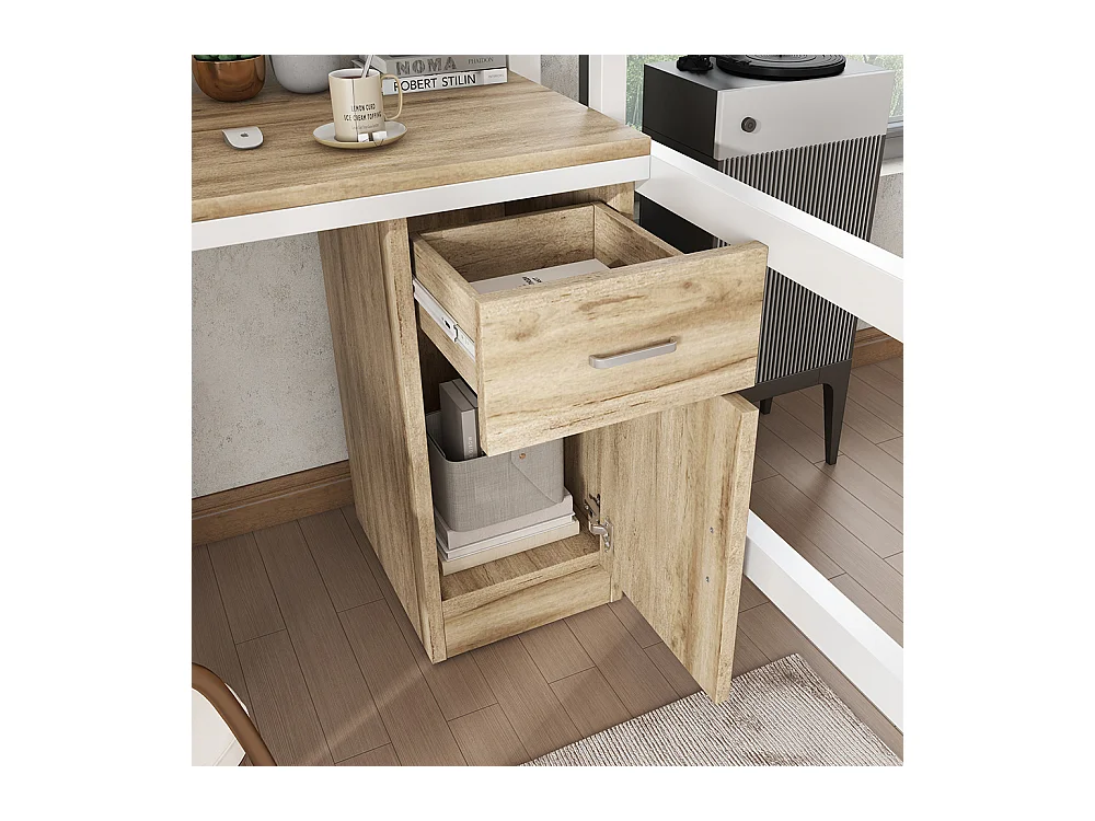 Hoogslaper 90x200 met bureau en kledingkast, veel opbergruimte, met schuine ladder met 4 treden van metaal en wit spaanplaat en natuurlijk hout