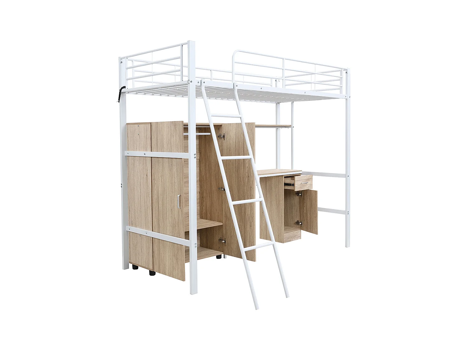 Hoogslaper 90x200 met bureau en kledingkast, veel opbergruimte, met schuine ladder met 4 treden van metaal en wit spaanplaat en natuurlijk hout