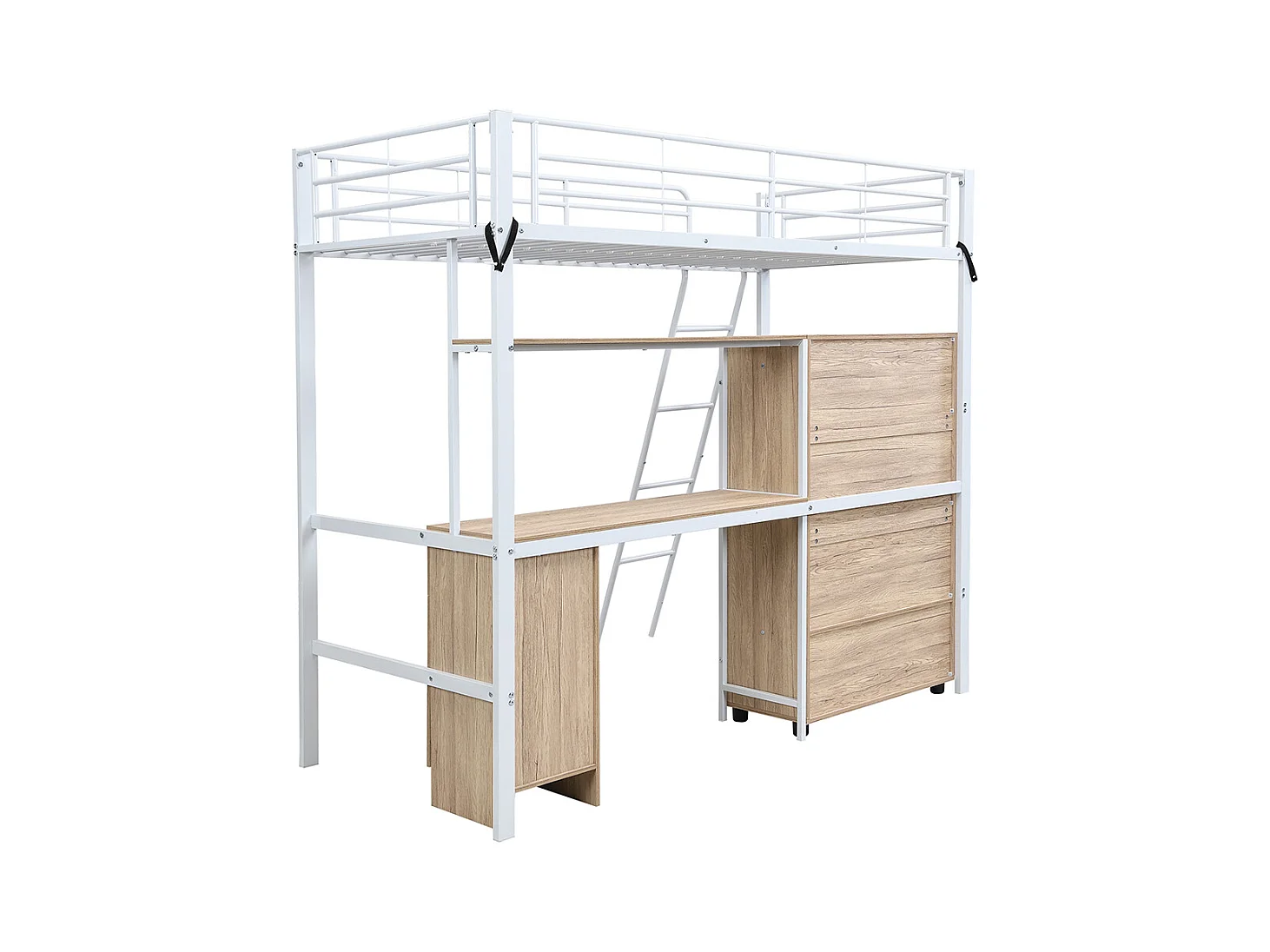 Hoogslaper 90x200 met bureau en kledingkast, veel opbergruimte, met schuine ladder met 4 treden van metaal en wit spaanplaat en natuurlijk hout