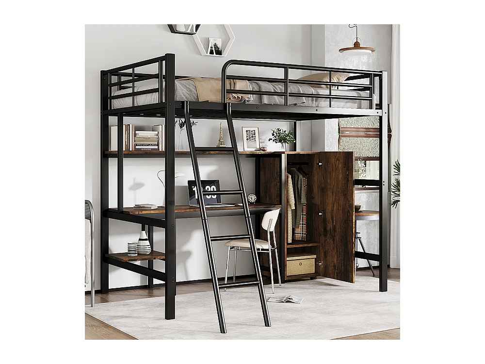 Metalen hoogslaper 90x200 met bureau en kledingkast, veel opbergruimte, met metalen ladder met 5 treden en zwart spaanplaat