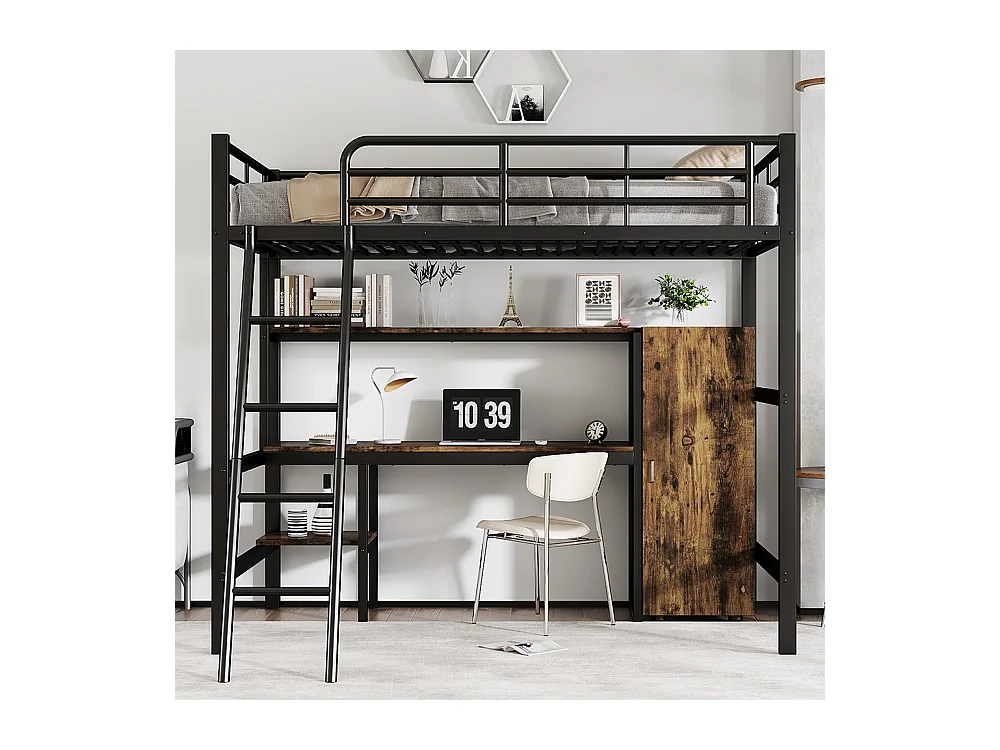 Metalen hoogslaper 90x200 met bureau en kledingkast, veel opbergruimte, met metalen ladder met 5 treden en zwart spaanplaat